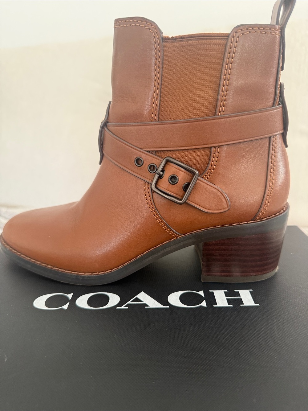 Coach Cognac Leather Ankle Boot with Buckle Strap